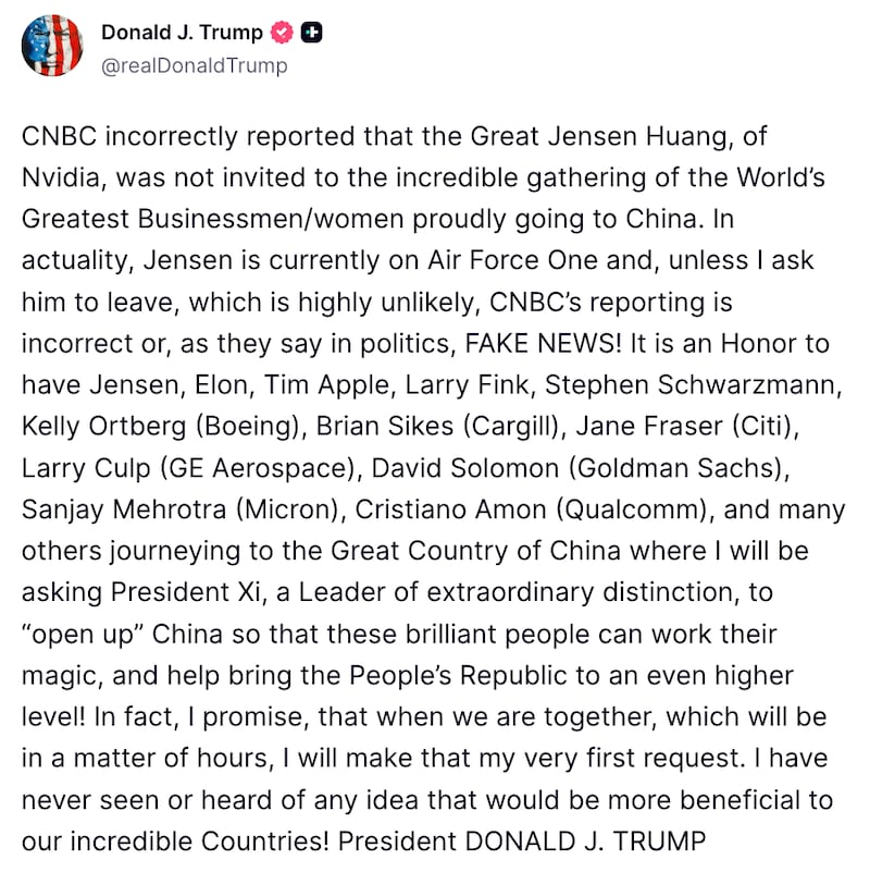 Donald Trump Truth Social post about Jensen Huang