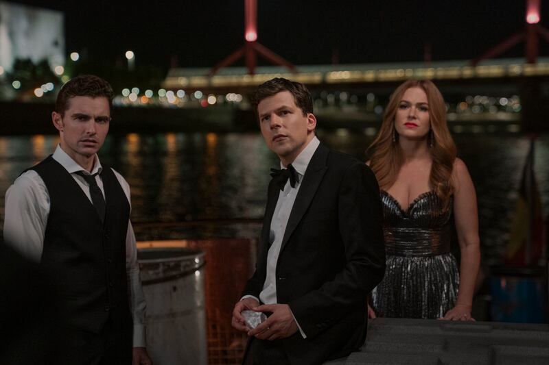 Dave Franco as Jack Wilder, Jesse Eisenberg as Daniel Atlas, and Isla Fisher as Henley Reeves in Now You See Me: Now You Don’t.