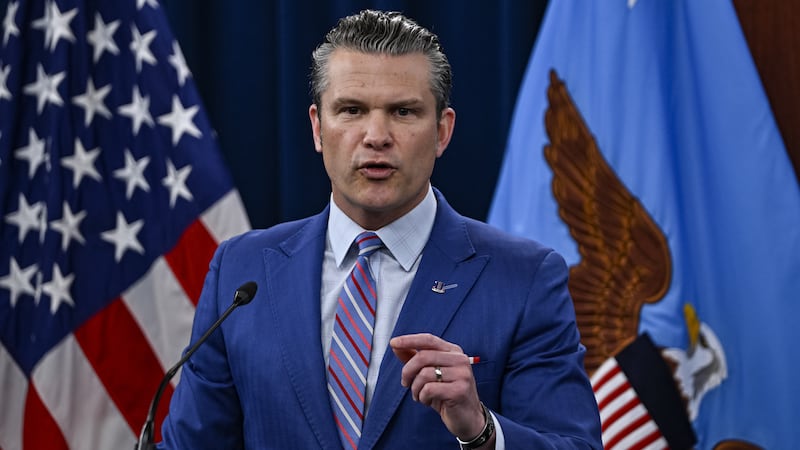 Defense Secretary Pete Hegseth and US Chairman of the Joint Chiefs of Staff Dan Caine hold a joint press conference at the Pentagon press briefing room in Washington DC.