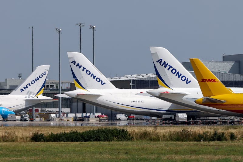 The empennages of a DHL cargo plane and Ukrainian Antonov cargo planes at Leipzig/Halle Airport in Schkeuditz, Germany, August 5, 2026, after the police said explosives experts examined a drone found near a runway, and after a DHL cargo aircraft hit an unknown object as it was climbing away from the airport overnight, prompting an unscheduled landing in Hanover, according to a source familiar with the incident. REUTERS/Axel Schmidt