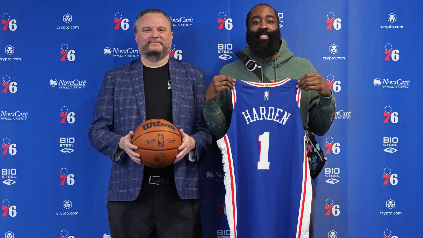 Philadelphia 76ers president Daryl Morey poses with James Harden during a press conference.