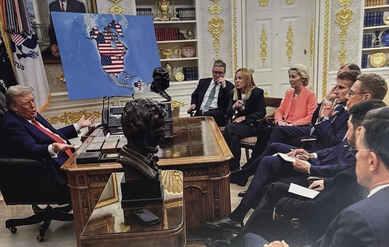 Donald Trump sat with European leaders next to an edited image of a map.