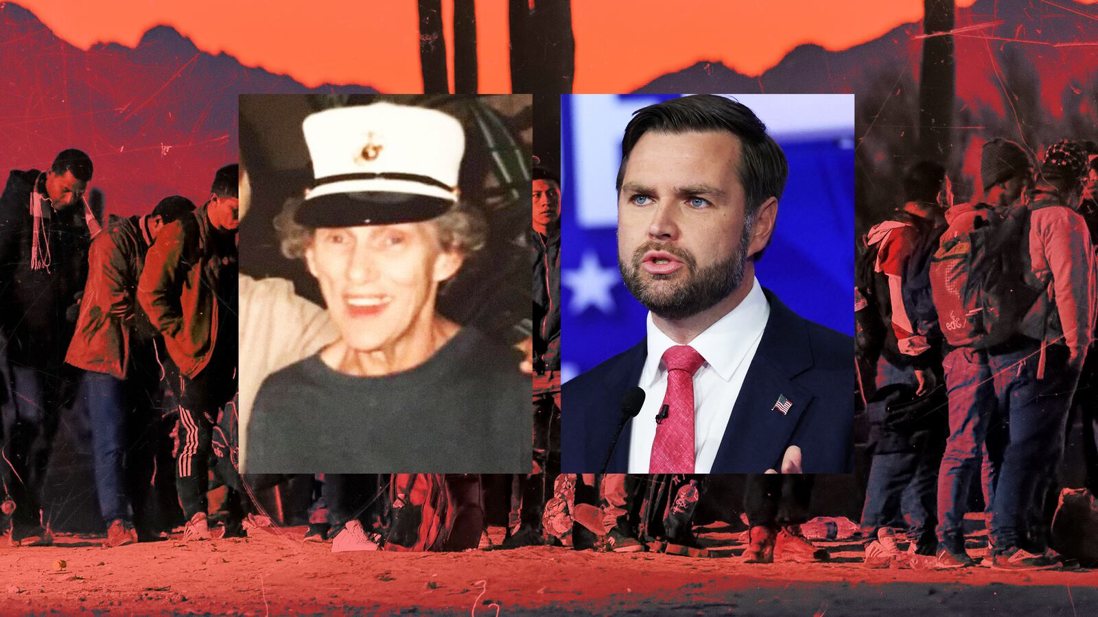 A photo illustration of JD Vance, his grandmother Bonnie "Mamaw", and a line of immigrants at the Arizona-Mexico border.