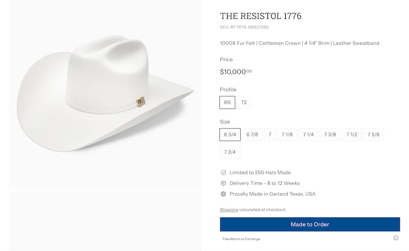 The Resistol 1776 is a white cowboy hat with gold accents, costing $10,000.