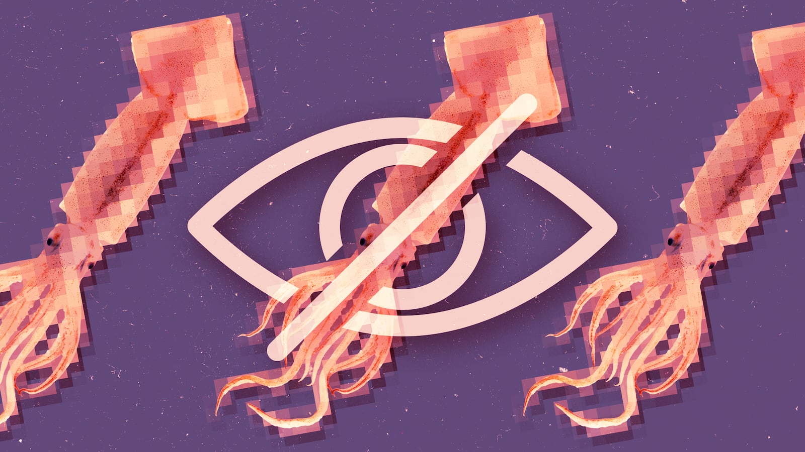 A photo illustration of a squid on purple background.