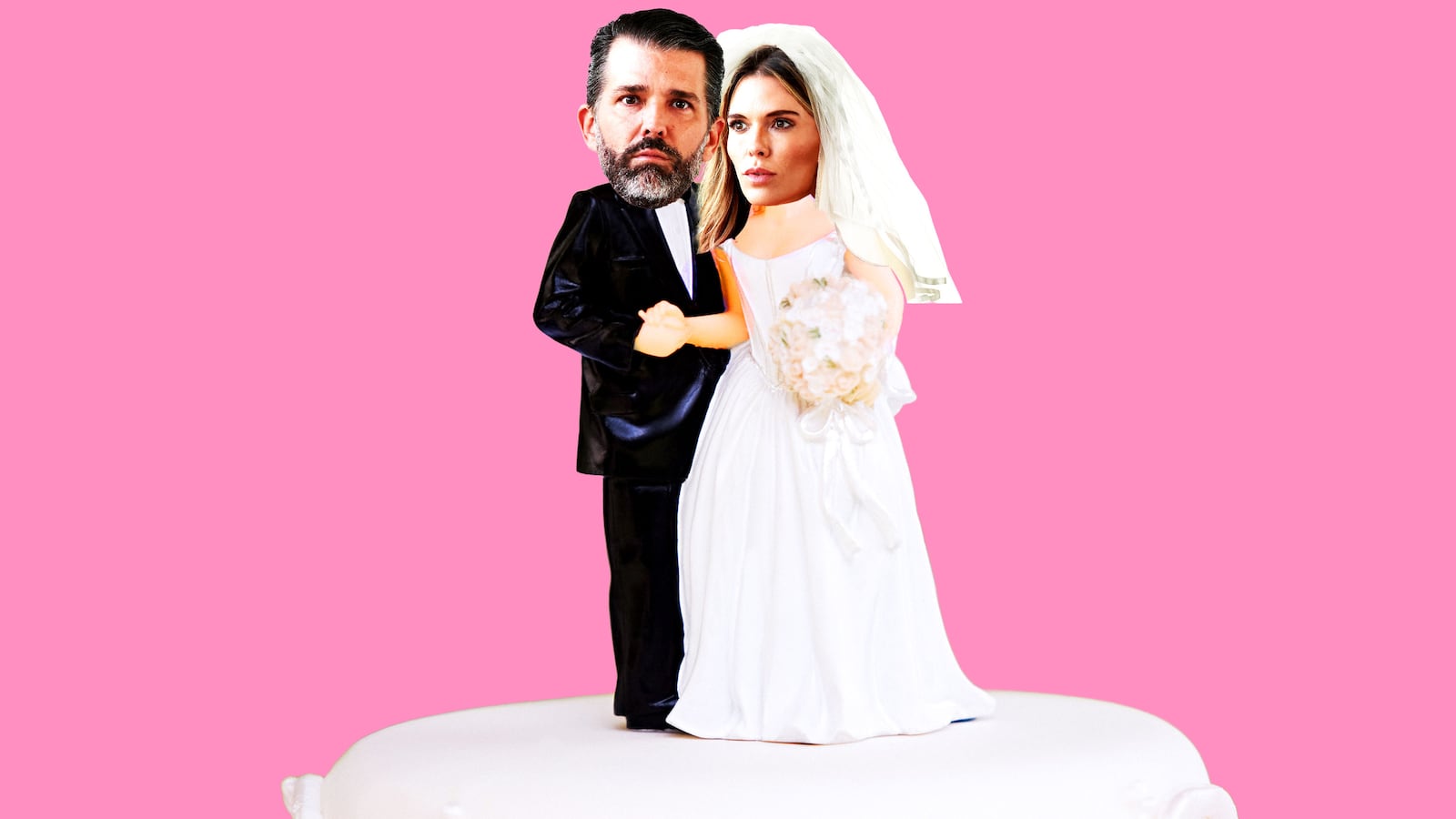 Illo illustration of Donald Trump Jr. and Bettina Anderson as cake toppers on a wedding cake