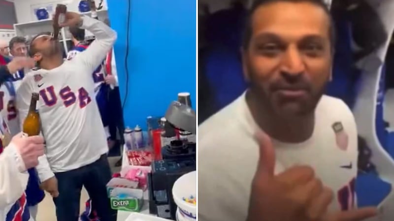 Kash Patel partying in the US Men's hockey locker room at the Olympics