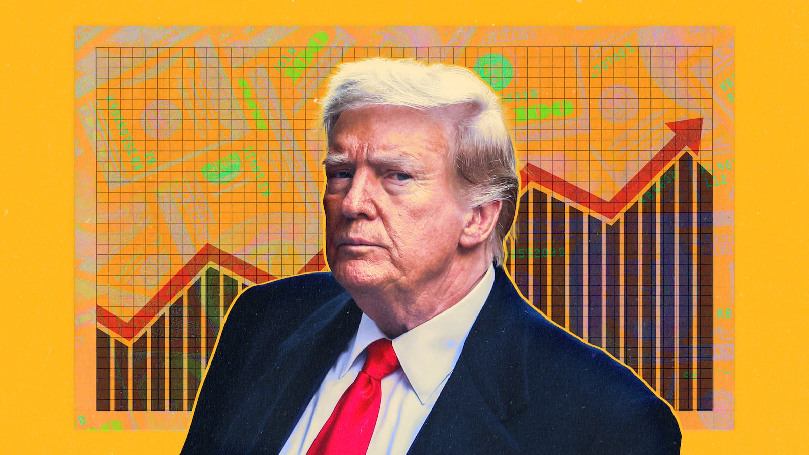 A photo illustration of Donald Trump, a graph, and money.