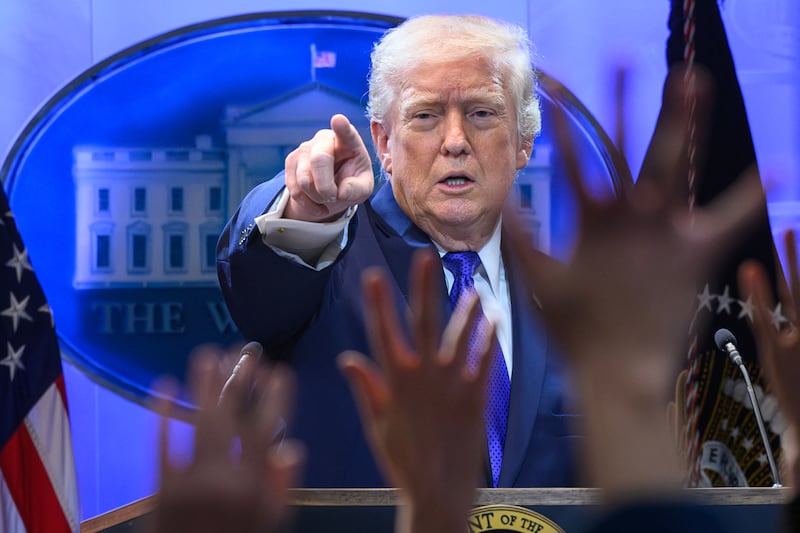 President Donald Trump speaks during a press conference in the Brady Press Briefing Room of the White House in Washington, DC, on February 20, 2026. US President Donald Trump will hold a press conference on Friday to discuss the Supreme Court's ruling against a major part of his tariffs, spokeswoman Karoline Leavitt said.