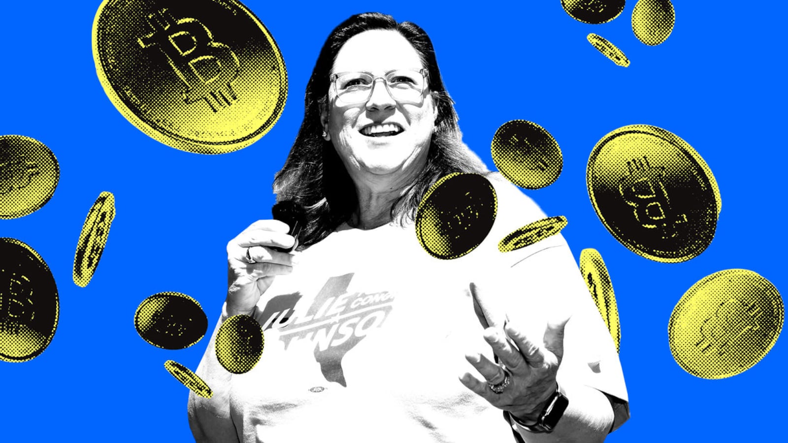A photo illustration of Rep. Julie Johnson with bitcoin falling around her