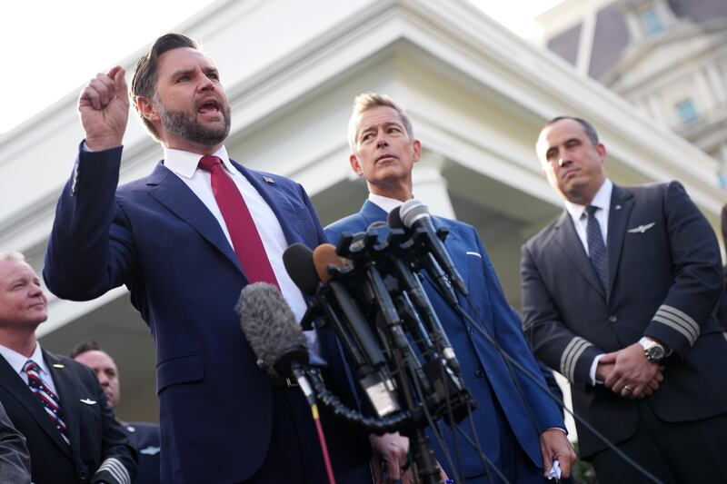 WASHINGTON, DC - OCTOBER 30: U.S. Vice President JD Vance, joined by Transportation Secretary Sean Duffy (R) and members of the airline industry, speaks to reporters outside the White House on October 30, 2025 in Washington, D.C. Vance spoke following a roundtable discussion with members of the aviation industry and Transportation Secretary Sean Duffy on the impacts of the government shutdown.