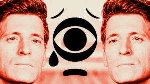 Tony Dokoupil with a blinking CBS eye logo