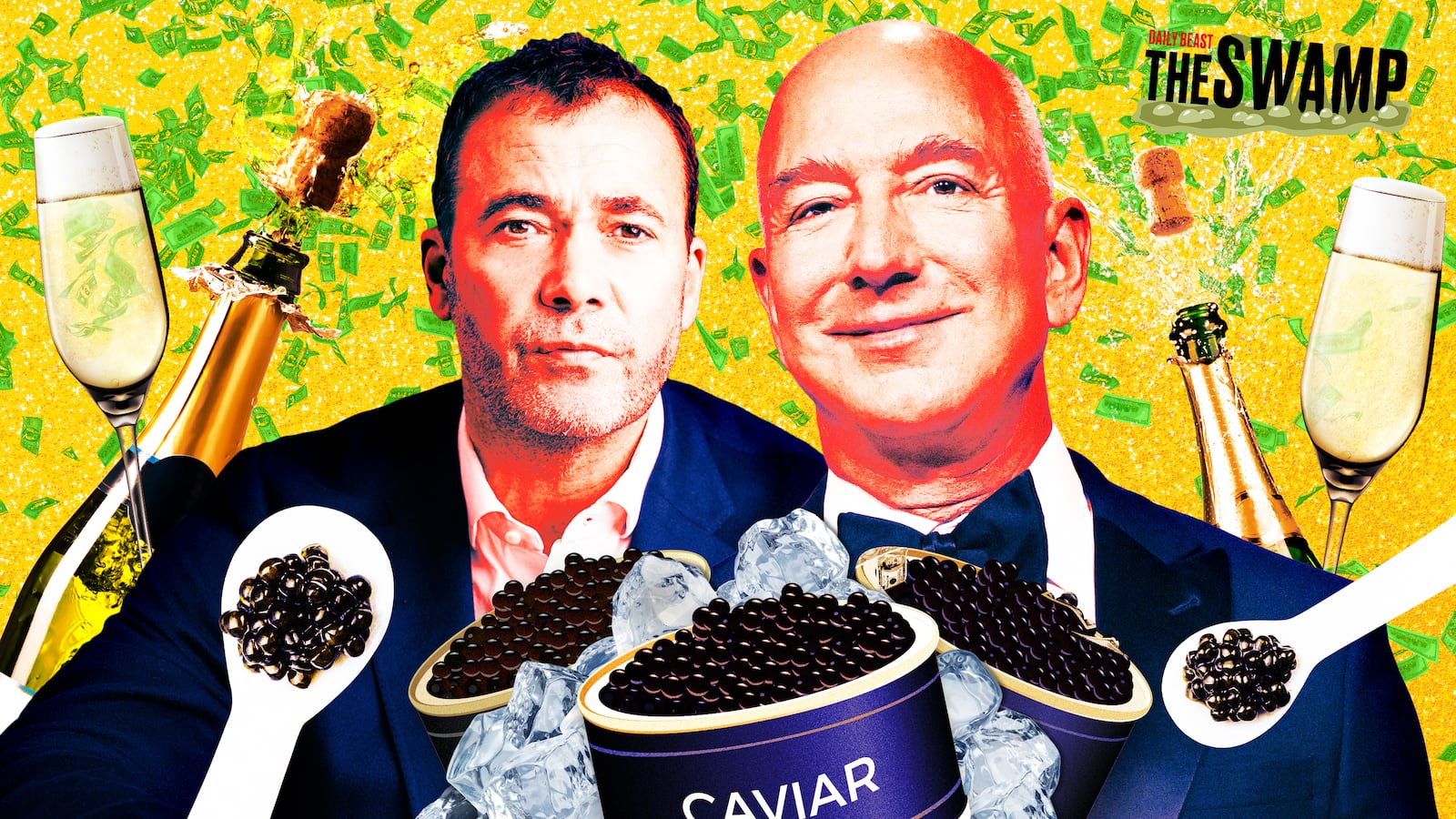 A photo illustration of Washington Post Publisher and CEO William Lewis and Jeff Bezos, with caviar, champagne, and money.
