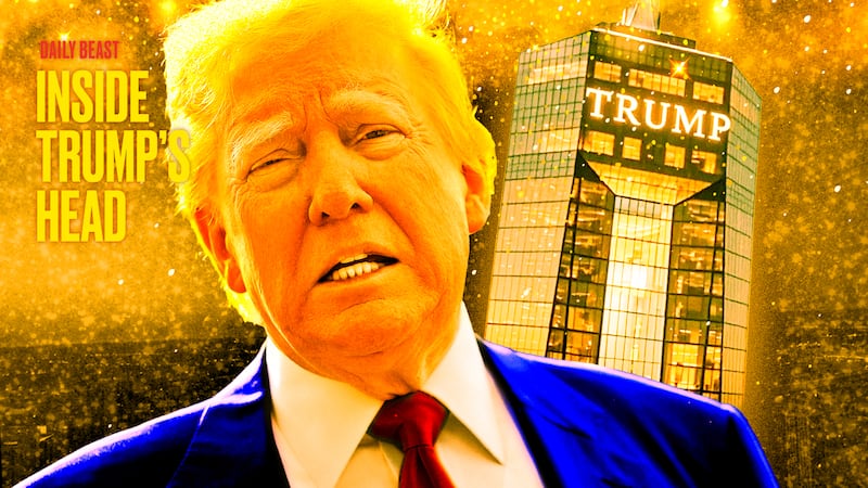 A photo illustration of Donald Trump and the proposed Trump presidential library building for the Inside Trump's Head podcast.
