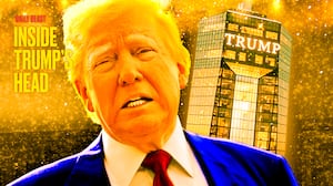 A photo illustration of Donald Trump and the proposed Trump presidential library building for the Inside Trump's Head podcast.