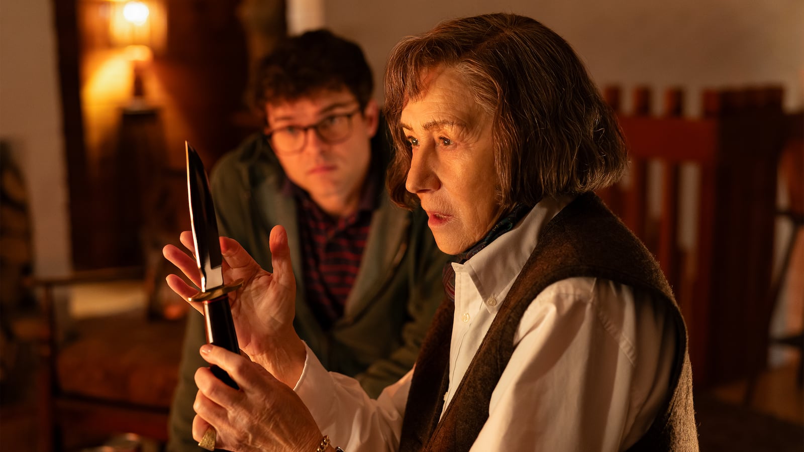 Helen Mirren and Alden Ehrenreich in A Talent For Murder.
