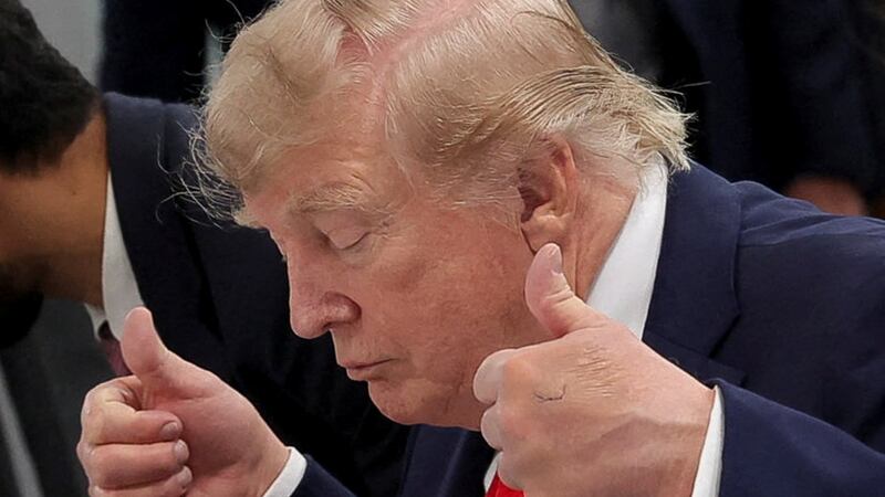 U.S. President Donald Trump gestures during a working session with G7 leaders and outreach partners on international investment partnerships at the G7 summit in Evian-les-Bains, France, June 16, 2026.  REUTERS/Christian Hartmann