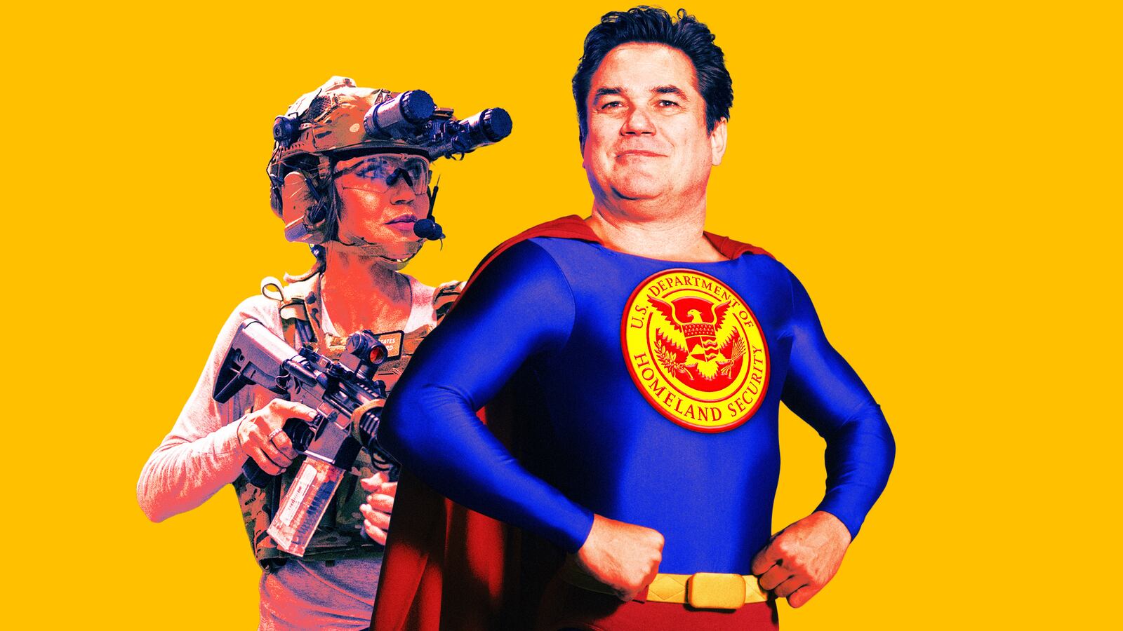 A photo illustration of Dean Cain as Superman with an ICE logo and Kristi Noem.