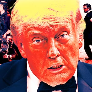 A photo illustration illo of Donald Trump and the White House Correspondents' Dinner Shooting.