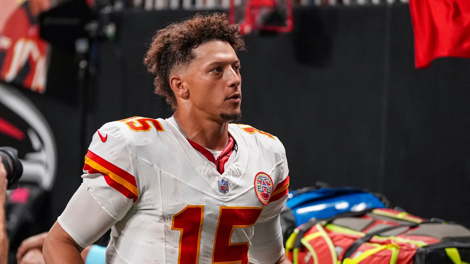 Kansas City Chiefs quarterback Patrick Mahomes leaves the field after the Chiefs defeated the Falcons.