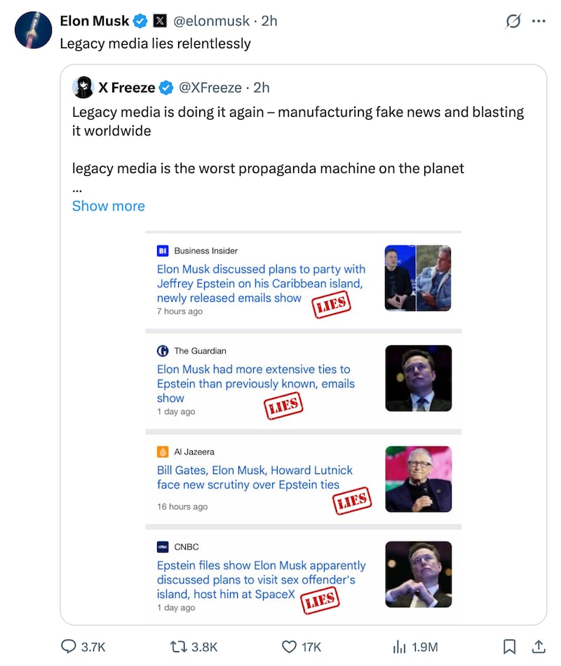 Elon Musk claims, "Legacy media lies," following reports about his emails with Jeffrey Epstein.