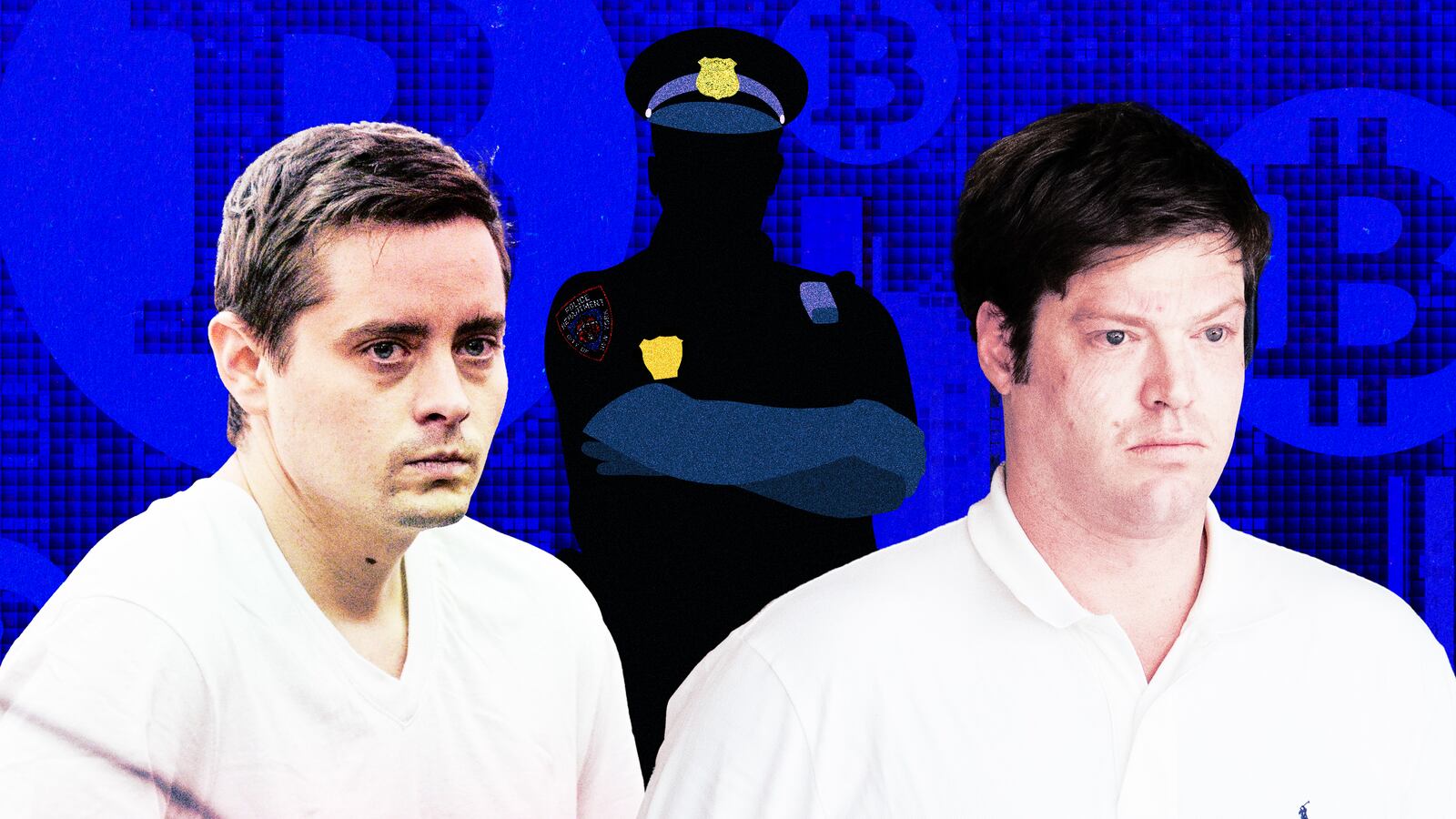 A photo illustration of John Woeltz and William Duplessie and the silhouette of a police officer int he background.