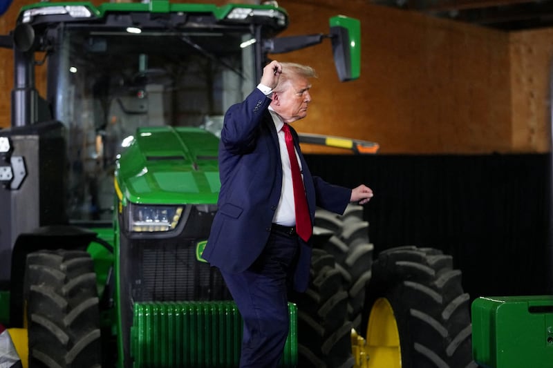 U.S. President Donald Trump gestures as he attends an event at Custer Farms in Chippewa Falls, Wisconsin, U.S., June, 5, 2026.
