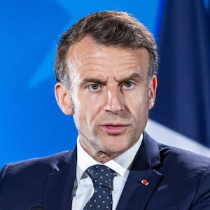 President of France Emmanuel Macron holds a press conference after the end of the European Council summit in Brussels, Belgium on June 27, 2025.