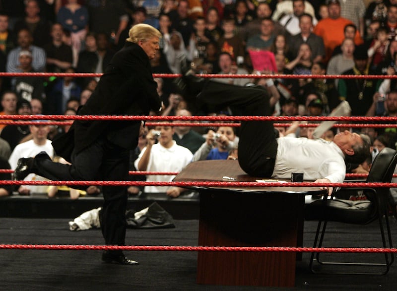 Vince McMahon gets more than he bargained for when Donald Trump got physical after signing the contract for Wrestlemania XXIII's "Hair vs Hair" match at Monday Night RAW in Washington, D.C. on Monday, March 12, 2007.