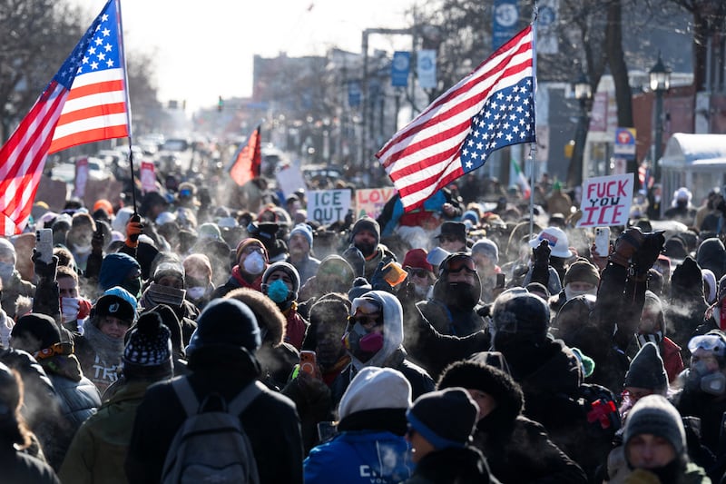 Protesters gather near where a man was shot dead by federal immigration agents in Minneapolis, Minnesota, on January 24, 2026.
