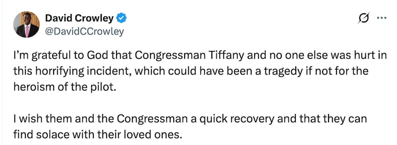 Wisconsin Democratic Gubernatorial Candidate David Crowley responds to the news on X.