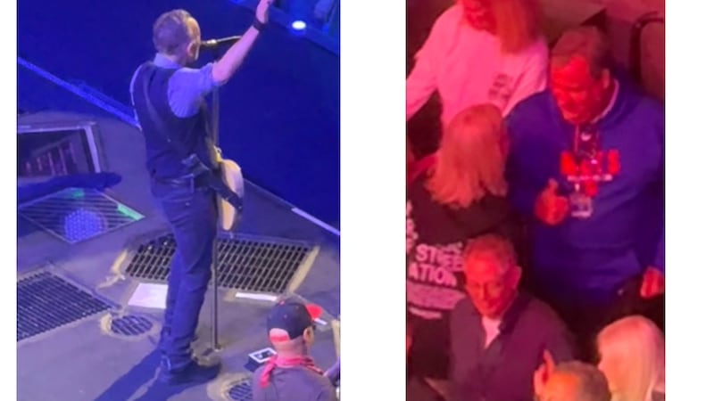 left: Bruce Springsteen in concert; right: Chris Christie in the crowd.