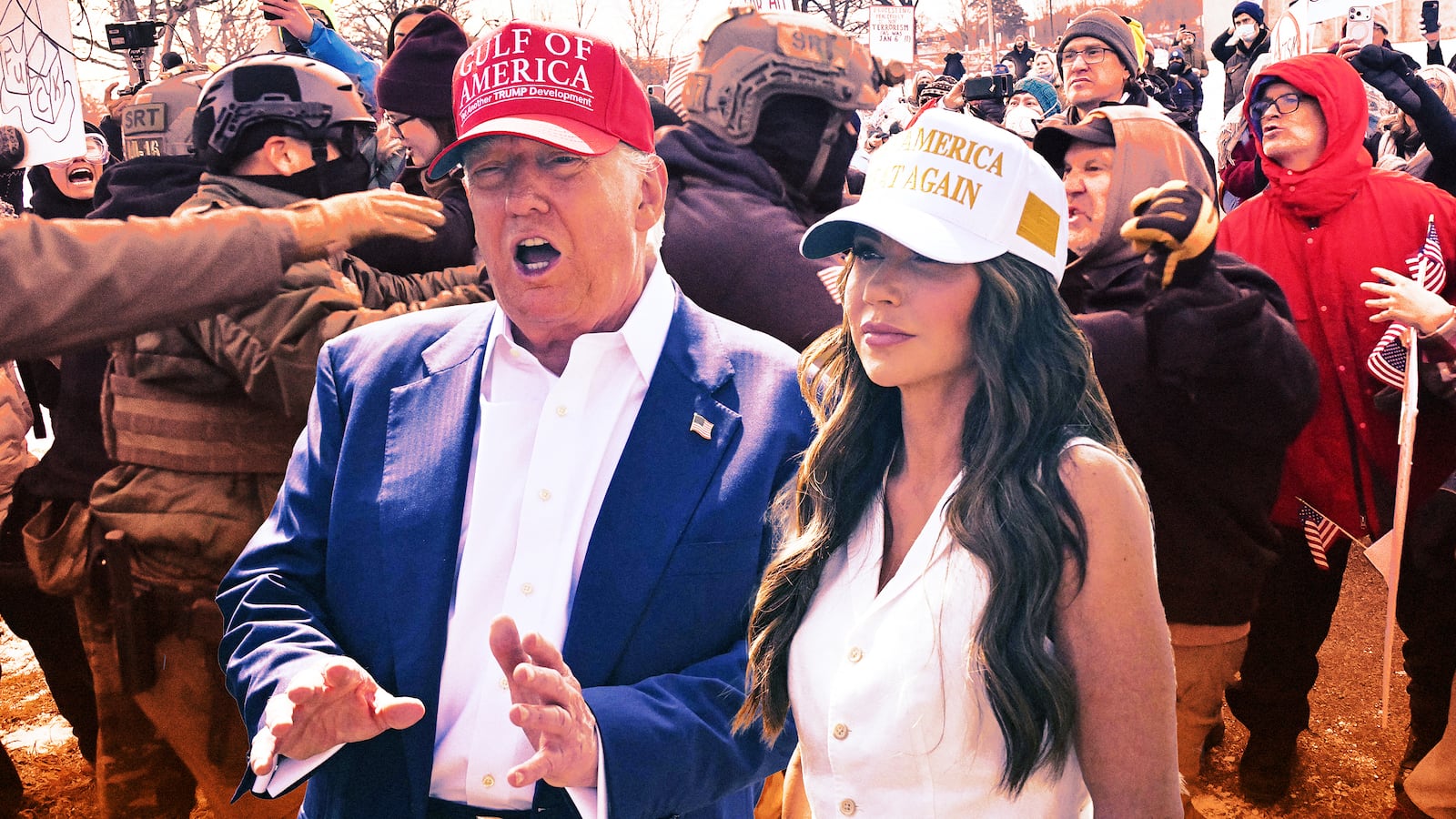 A photo illustration of Donald Trump, Kristi Noem, and ICE agents in Minnesota.