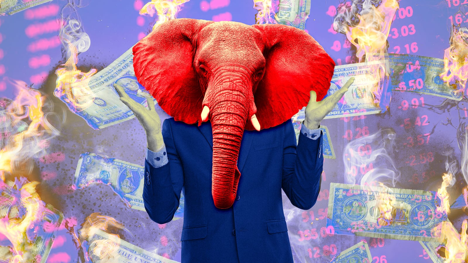 A photo illustration of a red elephant in a suit, burning money, and crashing stocks.