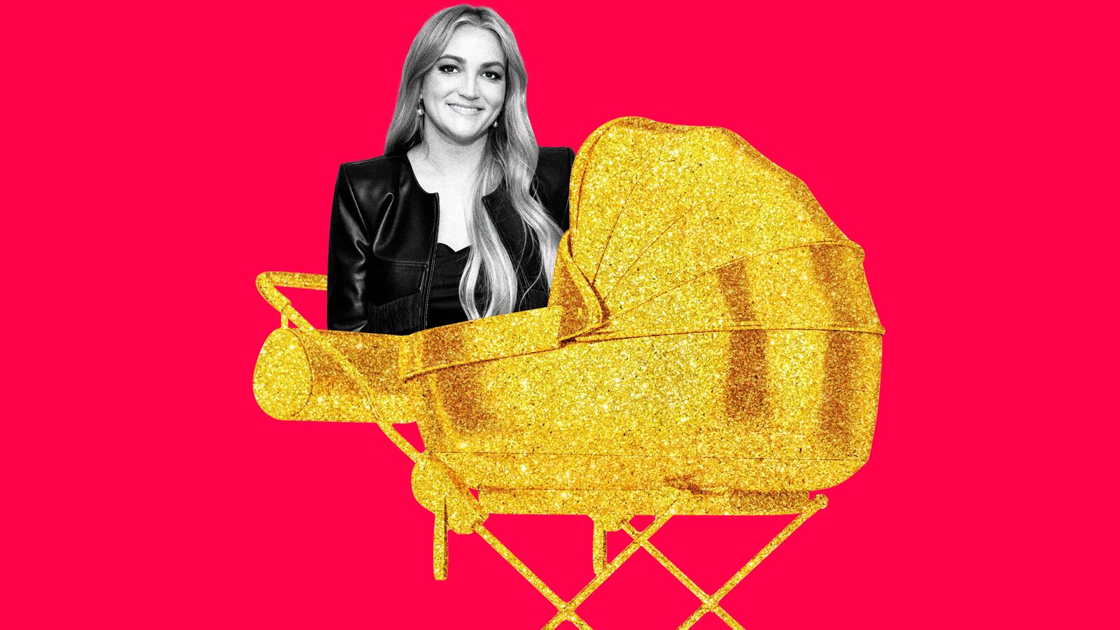 An illustration that includes a photo of Jamie Lynn Spears and a golden stroller