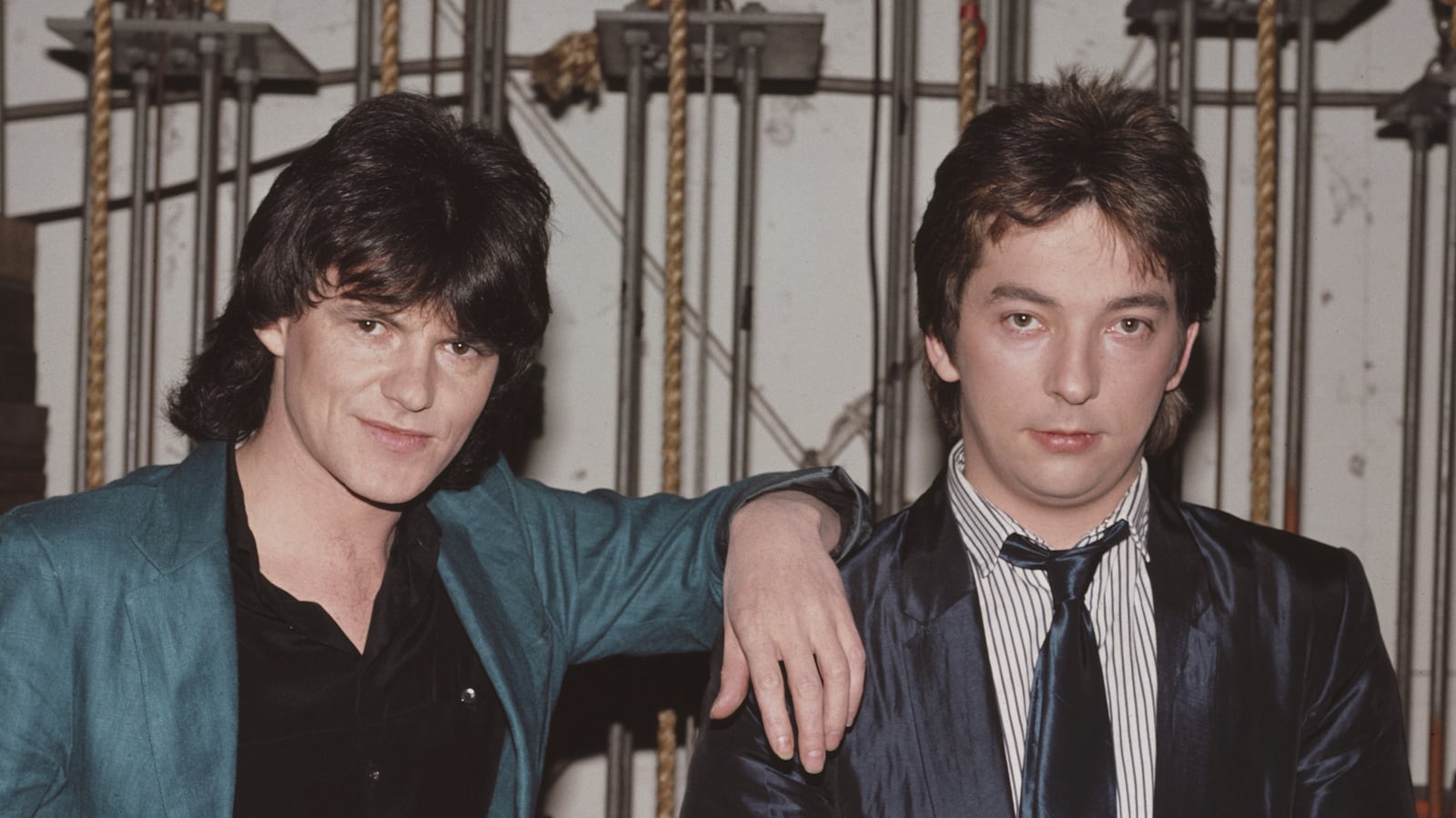 British new wave band Naked Eyes, 1983. They are singer Pete Byrne (left) and keyboardist Rob Fisher (1956 - 1999). (Photo by Ron Wolfson/Michael Ochs Archives/Getty Images)