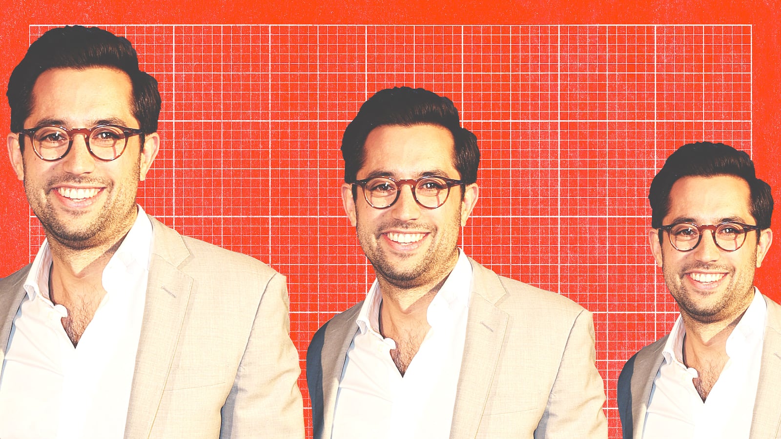 Photo illustration of TJ Ducklo on a red grid background.