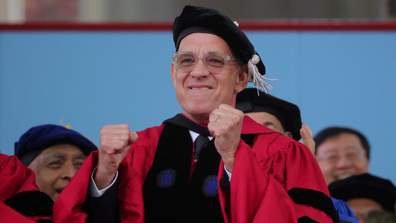 Tom Hanks reacts after receiving his honorary Doctor of Arts degree during Harvard University’s 372nd Commencement Exercises in Cambridge, Massachusetts, May 25, 2023.