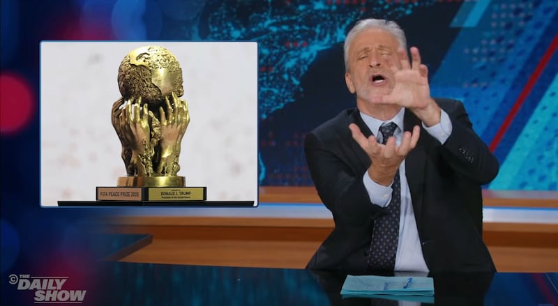 The Daily Show, Jon Stewart miming someone stroking Trump's genitalia.