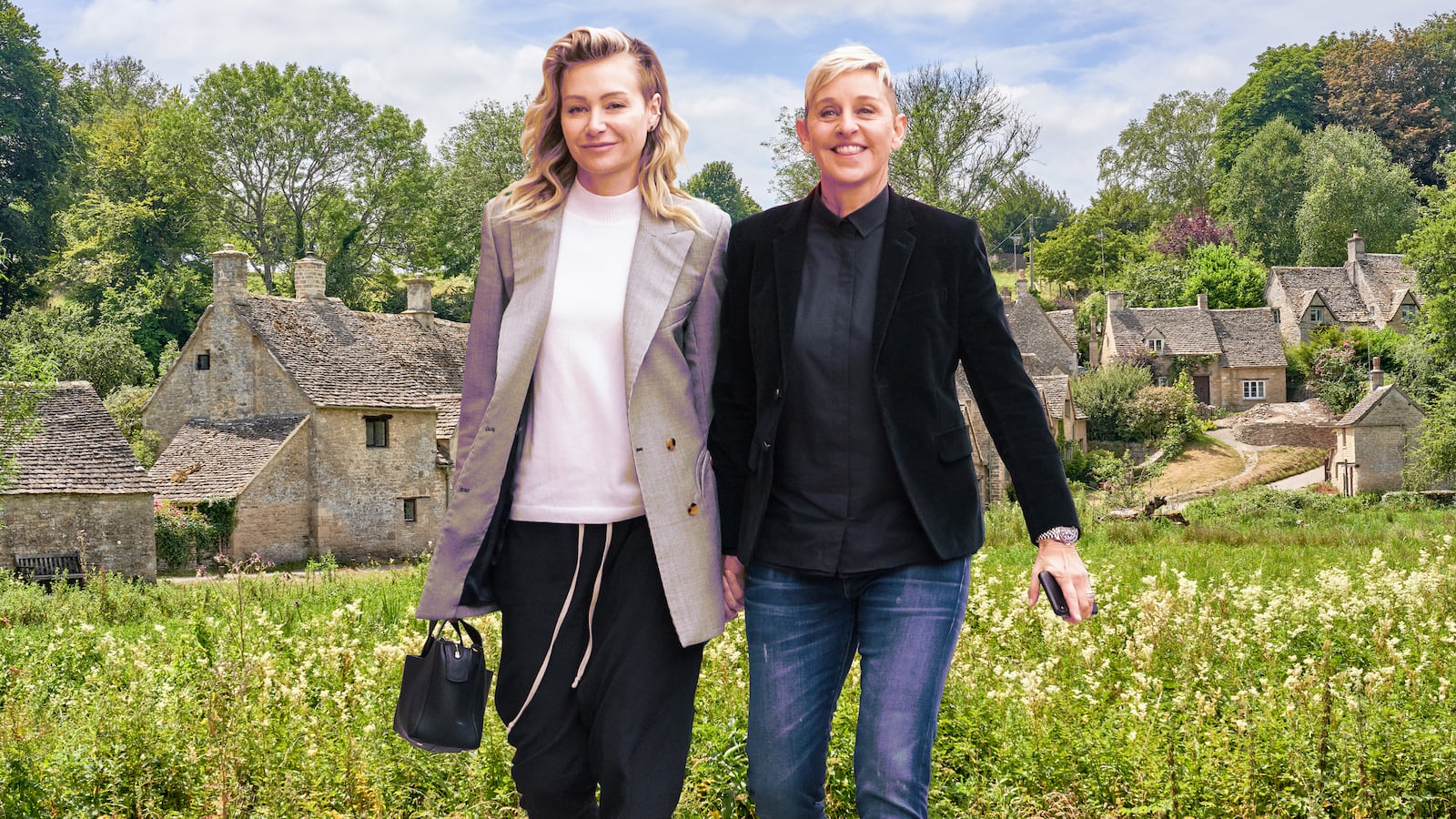 A photo illustration of Ellen DeGeneres and wife Portia de Rossi in Arlington Row, Bibury, Cotswolds.
