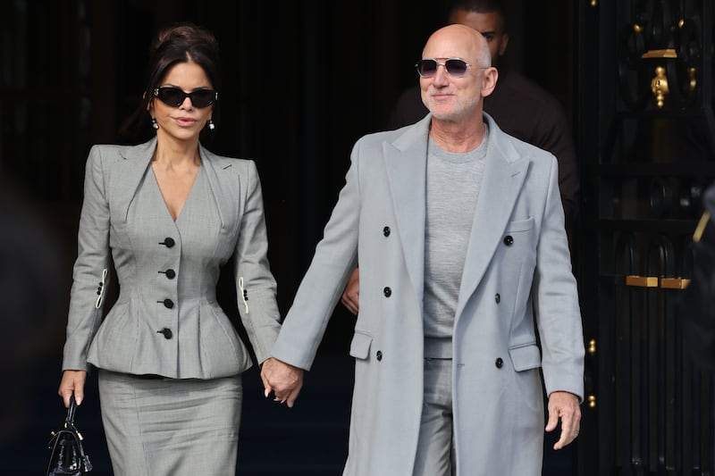 Jeff Bezos and Lauren Sánchez Bezos leaving The Ritz during the Womenswear Spring Summer 2026 as part of Paris Fashion Week on October 04, 2025 in Paris, France.