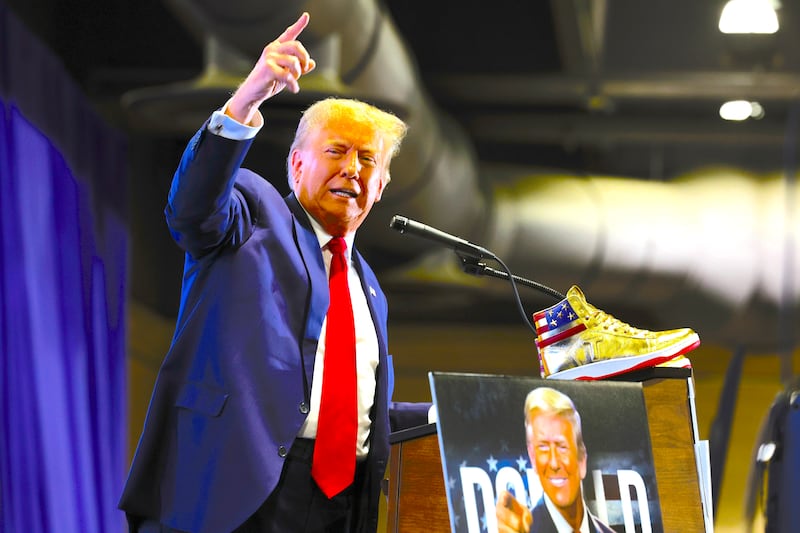 Donald Trump takes the stage to introduce a new line of signature shoes at Sneaker Con at the Philadelphia Convention Center on February 17, 2024 in Philadelphia, Pennsylvania.