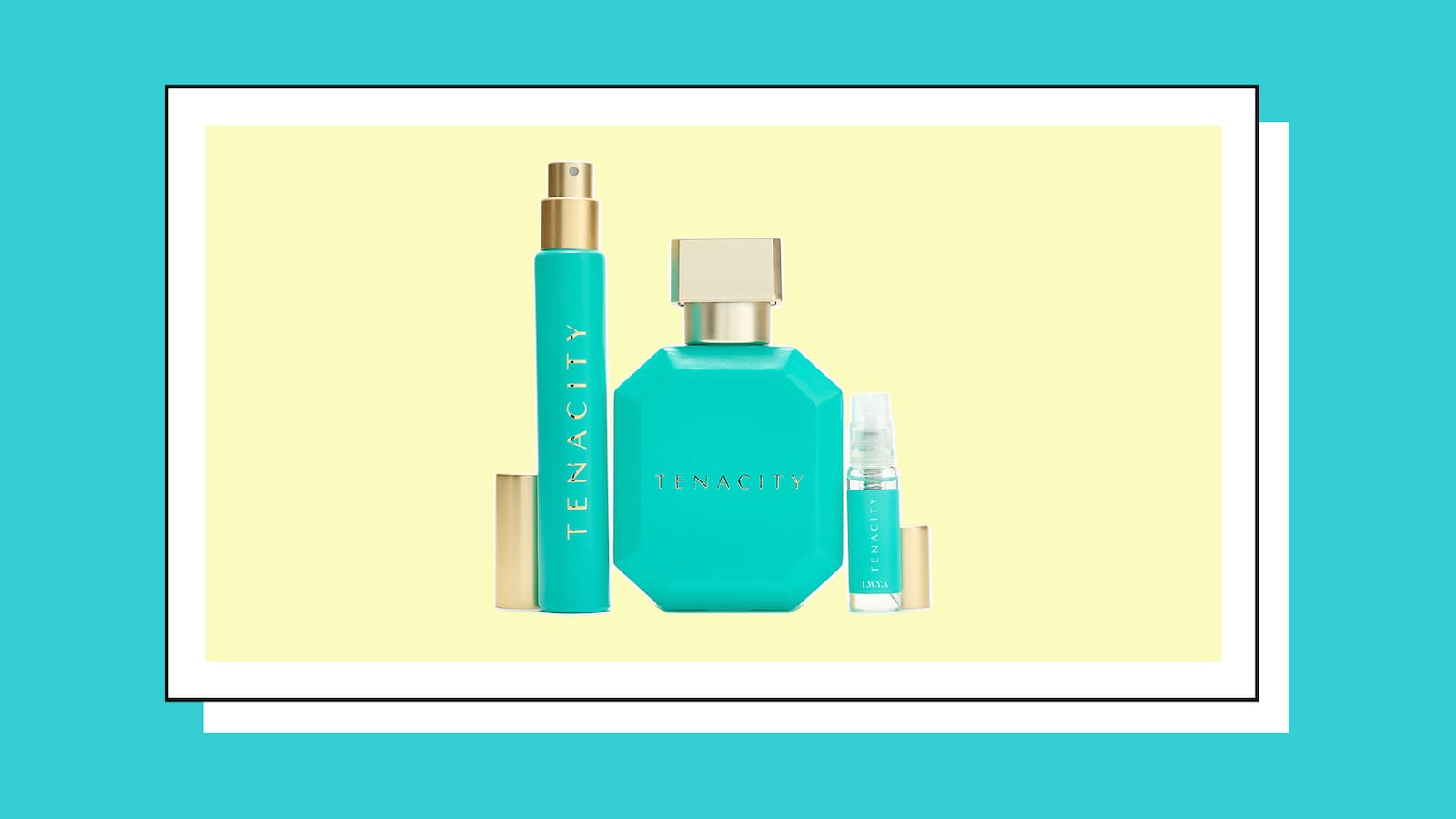 Tenacity fragrance three-piece gift set displayed on a pastel graphic background with teal, yellow, and white layers highlighting the perfume bottle, travel spray, and sample vial.