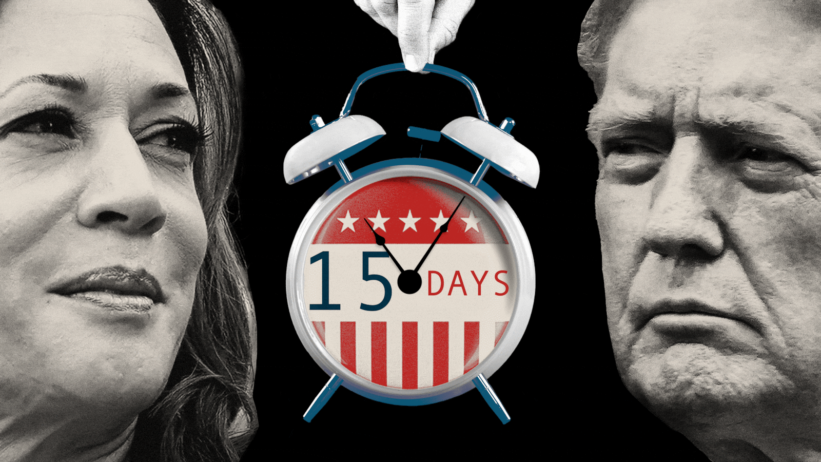 Kamala Harris and Donald Trump with an election countdown clock.