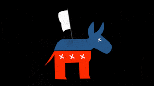 Democratic donkey with a white flag waving