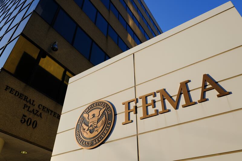 A sign marks the location of the Federal Emergency Management Agency (FEMA)
