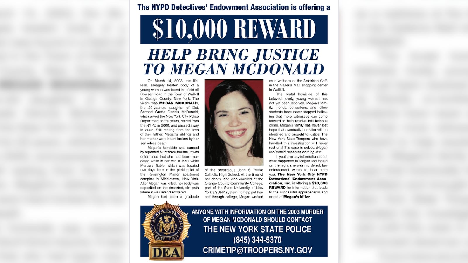 A poster advertising a $10,000 reward for information on Megan McDonald.