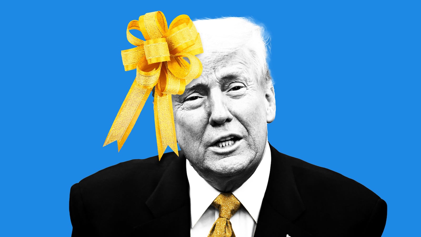 Donald Trump with a gold bow on his head on a blue background