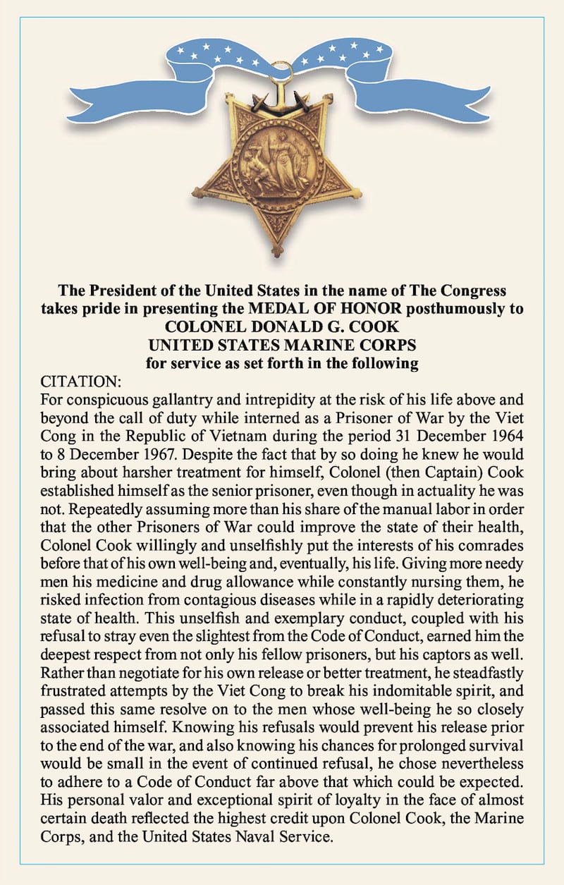 Col. Donald G. Cook Medal of Honor citation.