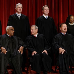 U.S. Supreme Court justices pose for their group portrait at the Supreme Court in Washington, U.S., October 7, 2022. Seated (L-R): Justices Sonia Sotomayor, Clarence Thomas, Chief Justice John G. Roberts, Jr., Samuel A. Alito, Jr. and Elena Kagan. Standing (L-R): Justices Amy Coney Barrett, Neil M. Gorsuch, Brett M. Kavanaugh and Ketanji Brown Jackson. REUTERS/Evelyn Hockstein